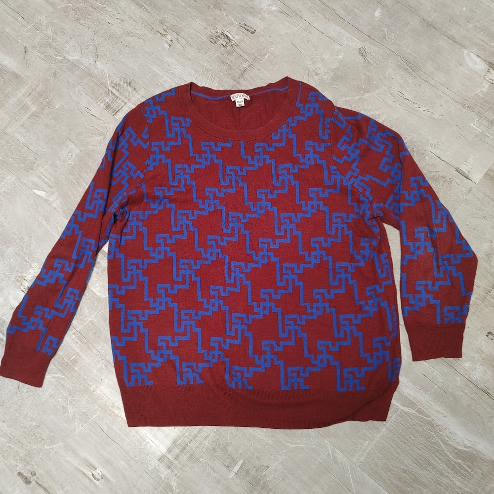 Lightweight Merona sweater, burgundy, blue, print